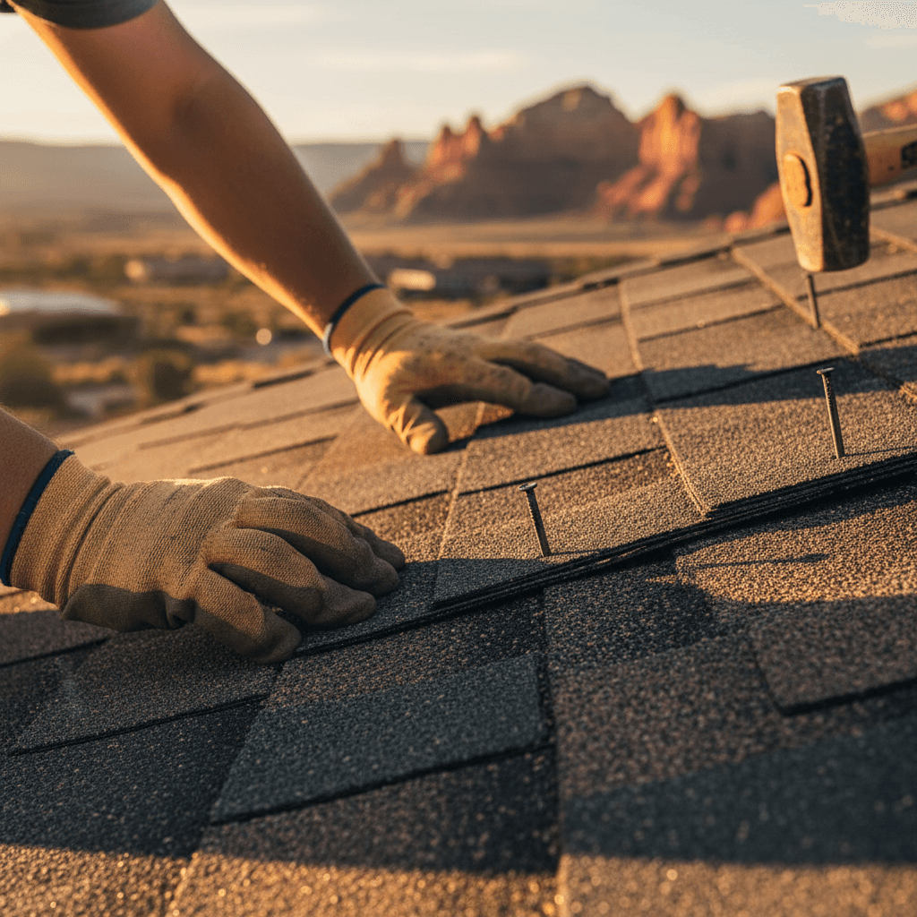 Roofer installing shingles on residential roof