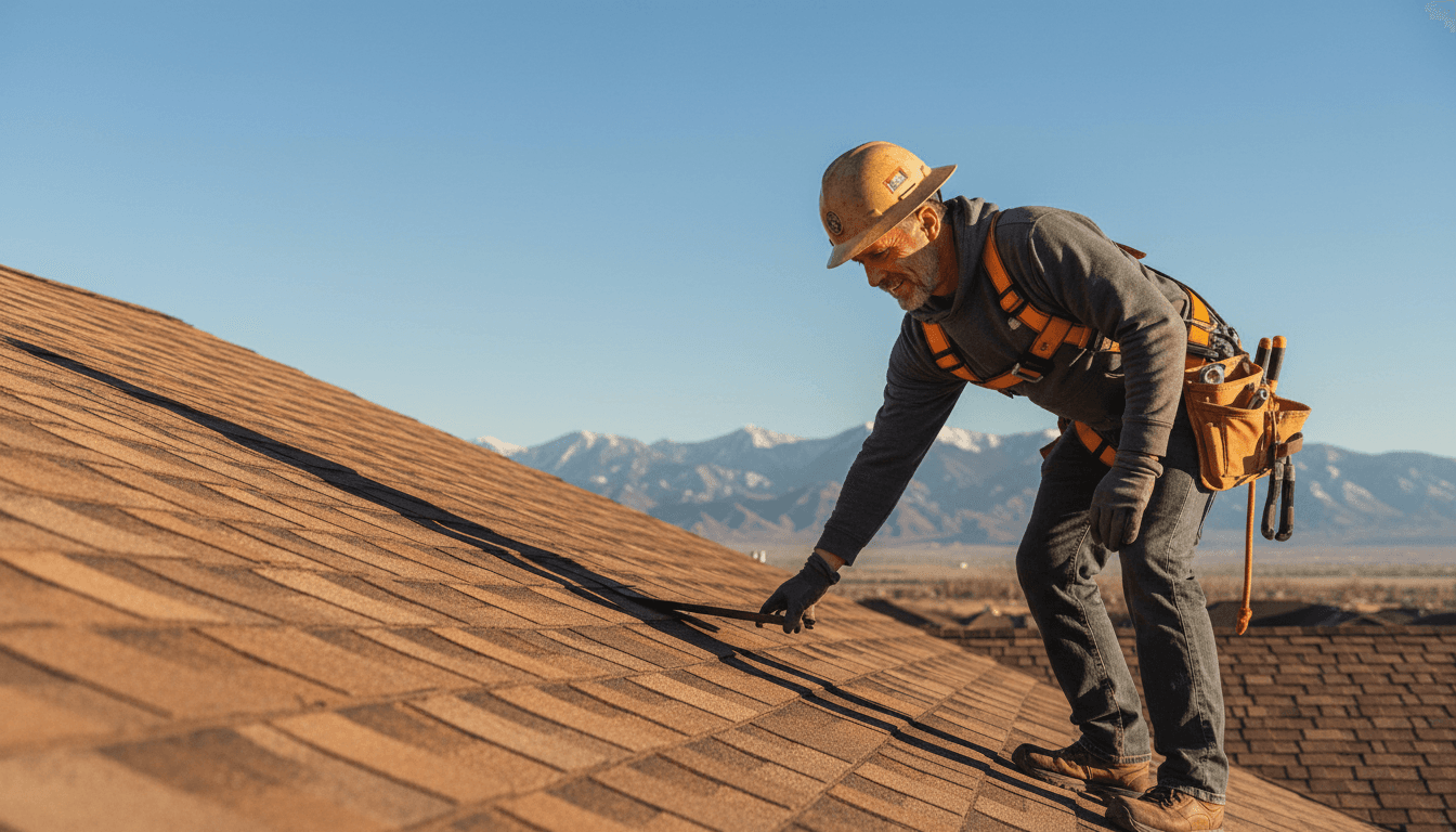 Roofing contractor inspecting residential roof in Utah