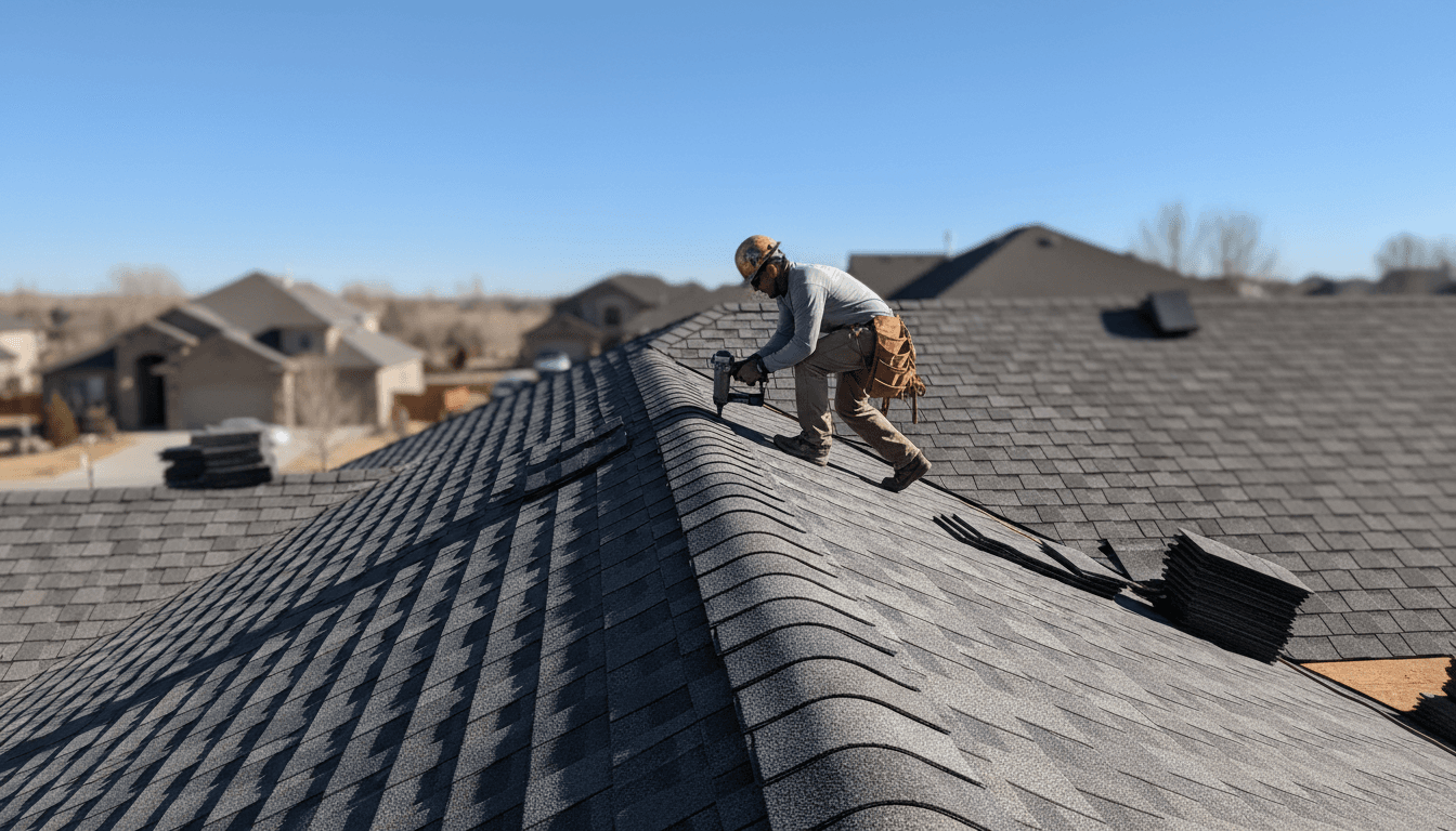Roofer installing new shingles on a residential roof in Utah