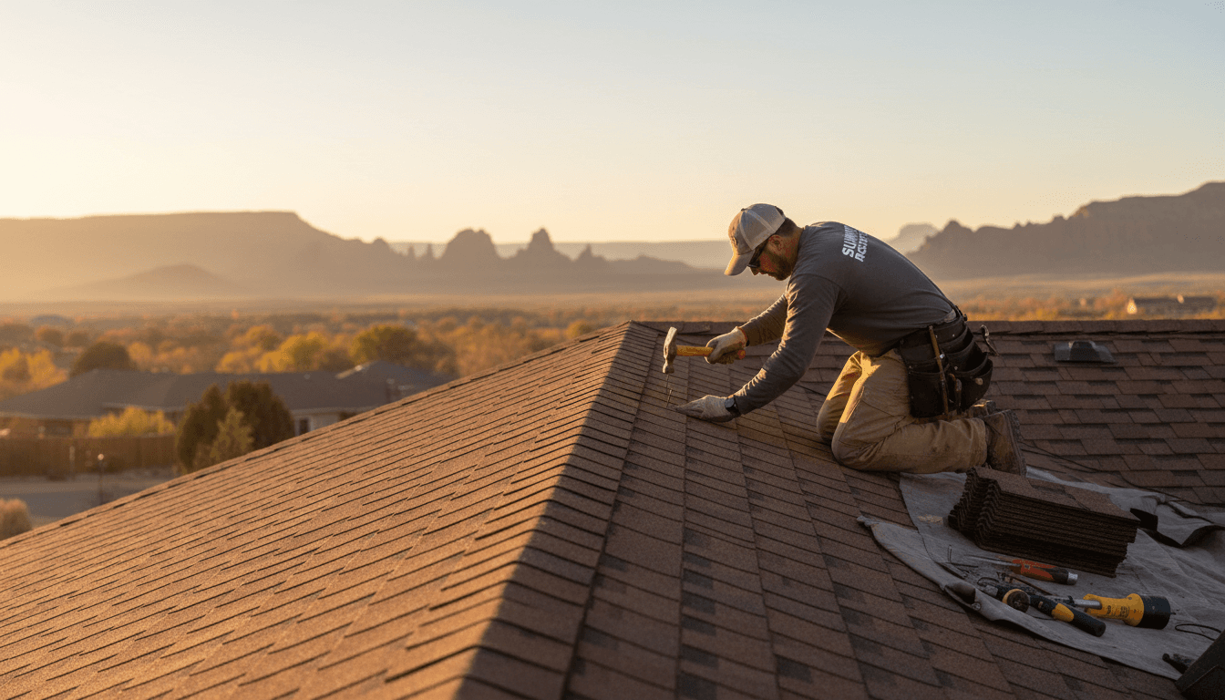 Roofing contractor installing durable roof system on Utah residential home