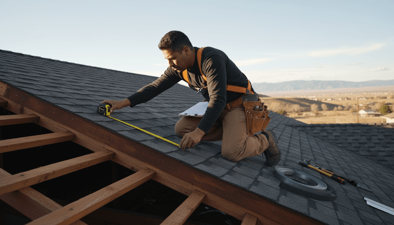 Roofing contractor inspecting residential roof in Utah